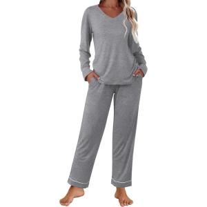 Ekouaer Womens Pajama Sets 2 piece Lounge Sets for Women V-neck Long Sleeve Top and Elastic Waist Pants with Pockets(Mix Grey)