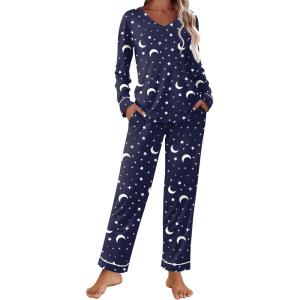 Ekouaer Womens Pajama Sets 2 piece Lounge Sets for Women V-neck Long Sleeve Top and Elastic Waist Pants with Pockets(Moon Star)