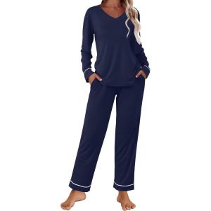 Ekouaer Womens Pajama Sets 2 piece Lounge Sets for Women V-neck Long Sleeve Top and Elastic Waist Pants with Pockets(Navy Blue)