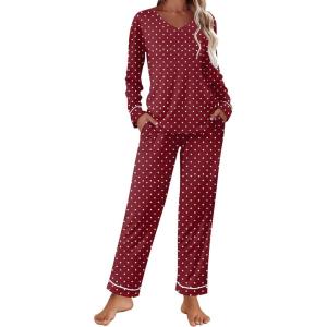 Ekouaer Womens Pajama Sets 2 piece Lounge Sets for Women V-neck Long Sleeve Top and Elastic Waist Pants with Pockets(Red Dots)