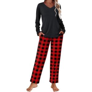 Ekouaer Womens Pajama Sets 2 piece Lounge Sets for Women V-neck Long Sleeve Top and Elastic Waist Pants with Pockets(Red Plaid)