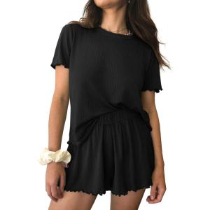 Ekouaer Womens Pajamas 2 Piece Ribbed Knit Pjs Short Sleeve Sleepwear Set Summer Soft Pajamas Set Casual Lounge Sets(Black)