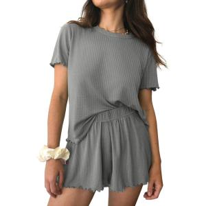Ekouaer Womens Pajamas 2 Piece Ribbed Knit Pjs Short Sleeve Sleepwear Set Summer Soft Pajamas Set Casual Lounge Sets(Gray)
