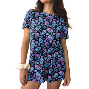 Ekouaer Womens Pajamas 2 Piece Ribbed Knit Pjs Short Sleeve Sleepwear Set Summer Soft Pajamas Set Casual Lounge Sets(Halloween_black Skull)