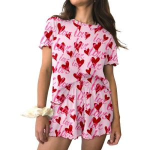 Ekouaer Womens Pajamas 2 Piece Ribbed Knit Pjs Short Sleeve Sleepwear Set Summer Soft Pajamas Set Casual Lounge Sets(Love Heart)