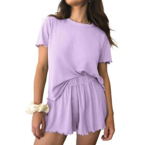 Ekouaer Womens Pajamas 2 Piece Ribbed Knit Pjs Short Sleeve Sleepwear Set Summer Soft Pajamas Set Casual Lounge Sets(Purple)