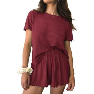 Ekouaer Womens Pajamas 2 Piece Ribbed Knit Pjs Short Sleeve Sleepwear Set Summer Soft Pajamas Set Casual Lounge Sets(Wine Red)