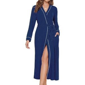 Ekouaer Womens Robes Lightweight Soft Knit Bathrobe Full Length Sleepwear with Pockets Ladies Loungewear S-3XL(Navy Blue Polka Dots)