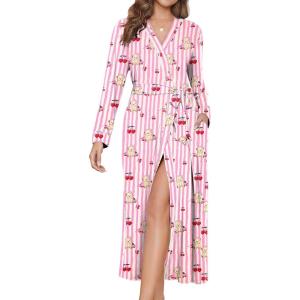 Ekouaer Womens Robes Lightweight Soft Knit Bathrobe Full Length Sleepwear with Pockets Ladies Loungewear S-3XL(Pink Stripe Teddy Bear)