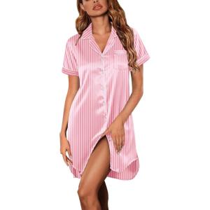 Ekouaer Women’s Satin Nightshirt Button Down Sleepshirt Silk Short Sleeve Nightgown Boyfriend Notch Collar Sleepwear(Pink Stripe)