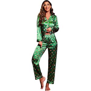 Ekouaer Womens Satin Pajama Set Classic Pattern Silky Pj Sets Button Down Sleepwear Loungewear(Green Chirstmas Pattern)