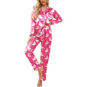 Ekouaer Womens Satin Pajama Set Classic Pattern Silky Pj Sets Button Down Sleepwear Loungewear(Rose Teddy Moon)