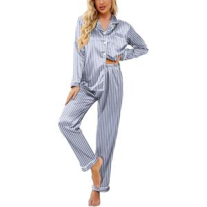 Ekouaer Womens Satin Pajama Set Classic Pattern Silky Pj Sets Button Down Sleepwear Loungewear(Striped Grey Blue)