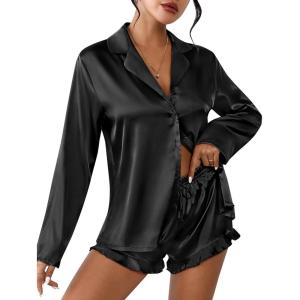 Ekouaer Womens Satin Pajama Sets Long Sleeve Top and Shorts Lounge Set Button Down Sleepwear(Black)