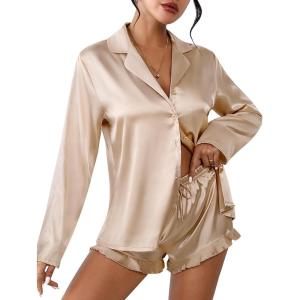 Ekouaer Womens Satin Pajama Sets Long Sleeve Top and Shorts Lounge Set Button Down Sleepwear(Champagne)