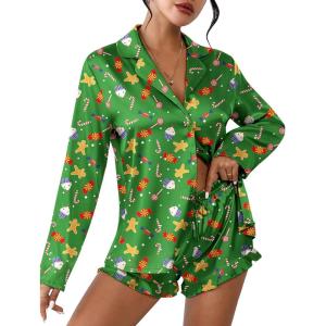 Ekouaer Womens Satin Pajama Sets Long Sleeve Top and Shorts Lounge Set Button Down Sleepwear(Christmas Green)
