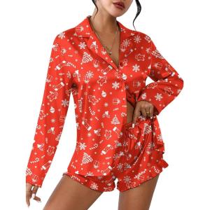 Ekouaer Womens Satin Pajama Sets Long Sleeve Top and Shorts Lounge Set Button Down Sleepwear(Christmas Red)