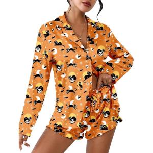 Ekouaer Womens Satin Pajama Sets Long Sleeve Top and Shorts Lounge Set Button Down Sleepwear(Halloween)