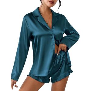 Ekouaer Womens Satin Pajama Sets Long Sleeve Top and Shorts Lounge Set Button Down Sleepwear(Lake Blue)