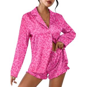 Ekouaer Womens Satin Pajama Sets Long Sleeve Top and Shorts Lounge Set Button Down Sleepwear(Leopard Hot Pink)
