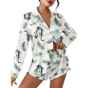 Ekouaer Womens Satin Pajama Sets Long Sleeve Top and Shorts Lounge Set Button Down Sleepwear(Pink Leaf)