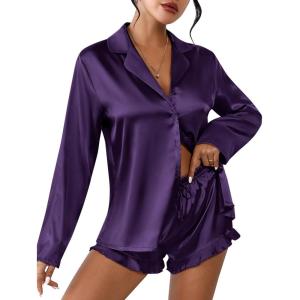 Ekouaer Womens Satin Pajama Sets Long Sleeve Top and Shorts Lounge Set Button Down Sleepwear(Purple)