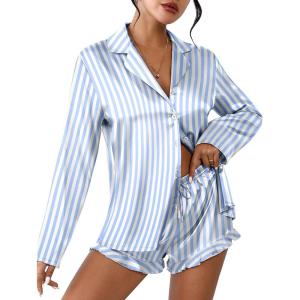 Ekouaer Womens Satin Pajama Sets Long Sleeve Top and Shorts Lounge Set Button Down Sleepwear(Striped Blue)