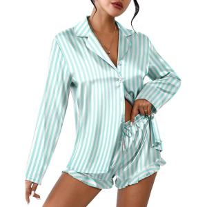 Ekouaer Womens Satin Pajama Sets Long Sleeve Top and Shorts Lounge Set Button Down Sleepwear(Striped Green)