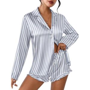 Ekouaer Womens Satin Pajama Sets Long Sleeve Top and Shorts Lounge Set Button Down Sleepwear(Striped Grey Blue)