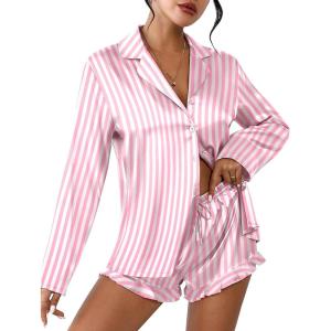 Ekouaer Womens Satin Pajama Sets Long Sleeve Top and Shorts Lounge Set Button Down Sleepwear(Striped Pink)