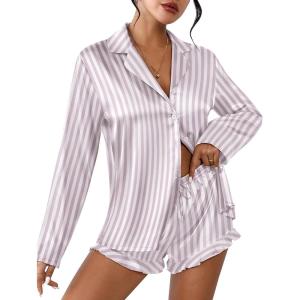 Ekouaer Womens Satin Pajama Sets Long Sleeve Top and Shorts Lounge Set Button Down Sleepwear(Striped Purple)