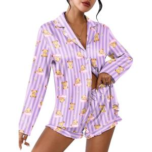Ekouaer Womens Satin Pajama Sets Long Sleeve Top and Shorts Lounge Set Button Down Sleepwear(Teddy Purple)