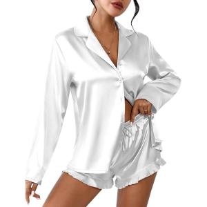 Ekouaer Womens Satin Pajama Sets Long Sleeve Top and Shorts Lounge Set Button Down Sleepwear(White)