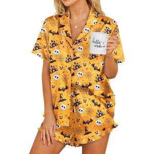 Ekouaer Womens Satin Pajamas Set Button Down 2 Piece Silk Pjs Shorts Set Ruffle Lingerie Notch Collar Sleepwear(Halloween)