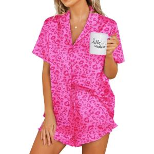Ekouaer Womens Satin Pajamas Set Button Down 2 Piece Silk Pjs Shorts Set Ruffle Lingerie Notch Collar Sleepwear(Hot Pink Leopard)