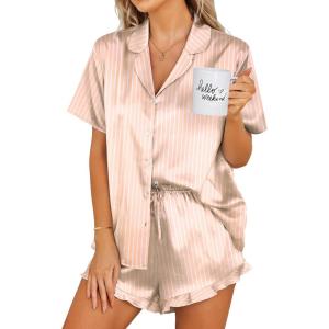 Ekouaer Womens Satin Pajamas Set Button Down 2 Piece Silk Pjs Shorts Set Ruffle Lingerie Notch Collar Sleepwear(Striped Champagne)