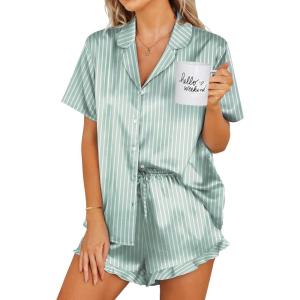 Ekouaer Womens Satin Pajamas Set Button Down 2 Piece Silk Pjs Shorts Set Ruffle Lingerie Notch Collar Sleepwear(Striped Green)