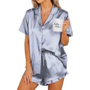 Ekouaer Womens Satin Pajamas Set Button Down 2 Piece Silk Pjs Shorts Set Ruffle Lingerie Notch Collar Sleepwear(Striped Grey Blue)