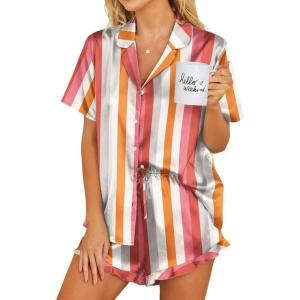 Ekouaer Womens Satin Pajamas Set Button Down 2 Piece Silk Pjs Shorts Set Ruffle Lingerie Notch Collar Sleepwear(Striped Multicolored)