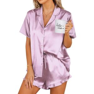 Ekouaer Womens Satin Pajamas Set Button Down 2 Piece Silk Pjs Shorts Set Ruffle Lingerie Notch Collar Sleepwear(Striped Purple)
