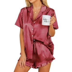 Ekouaer Womens Satin Pajamas Set Button Down 2 Piece Silk Pjs Shorts Set Ruffle Lingerie Notch Collar Sleepwear(Striped Wine Red)