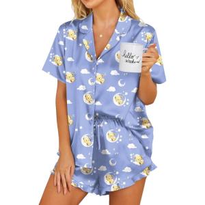 Ekouaer Womens Satin Pajamas Set Button Down 2 Piece Silk Pjs Shorts Set Ruffle Lingerie Notch Collar Sleepwear(Teddy Bear-blue)