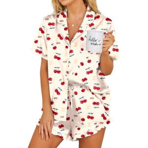 Ekouaer Womens Satin Pajamas Set Button Down 2 Piece Silk Pjs Shorts Set Ruffle Lingerie Notch Collar Sleepwear(Teddy Bear-cherry)