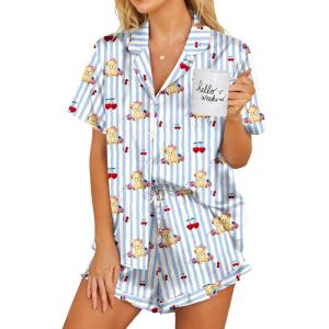 Ekouaer Womens Satin Pajamas Set Button Down 2 Piece Silk Pjs Shorts Set Ruffle Lingerie Notch Collar Sleepwear(Teddy Bear-striped Blue)