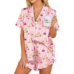 Ekouaer Womens Satin Pajamas Set Button Down 2 Piece Silk Pjs Shorts Set Ruffle Lingerie Notch Collar Sleepwear(Teddy Bear-striped Pink)