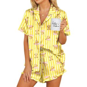 Ekouaer Womens Satin Pajamas Set Button Down 2 Piece Silk Pjs Shorts Set Ruffle Lingerie Notch Collar Sleepwear(Teddy Bear-striped Yellow)