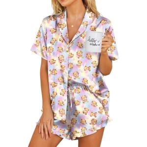 Ekouaer Womens Satin Pajamas Set Button Down 2 Piece Silk Pjs Shorts Set Ruffle Lingerie Notch Collar Sleepwear(Teddy Bear-tie-dye)