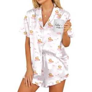 Ekouaer Womens Satin Pajamas Set Button Down 2 Piece Silk Pjs Shorts Set Ruffle Lingerie Notch Collar Sleepwear(Teddy Bear-white)