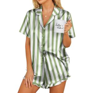 Ekouaer Womens Satin Pajamas Set Button Down 2 Piece Silk Pjs Shorts Set Ruffle Lingerie Notch Collar Sleepwear(Thick Striped Green)