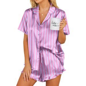 Ekouaer Womens Satin Pajamas Set Button Down 2 Piece Silk Pjs Shorts Set Ruffle Lingerie Notch Collar Sleepwear(Thick Striped Purple)